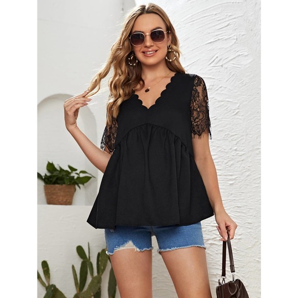 Maternity Eyelash Lace short Sleeve Scallop Trim Top black - Picture 3 of 5
